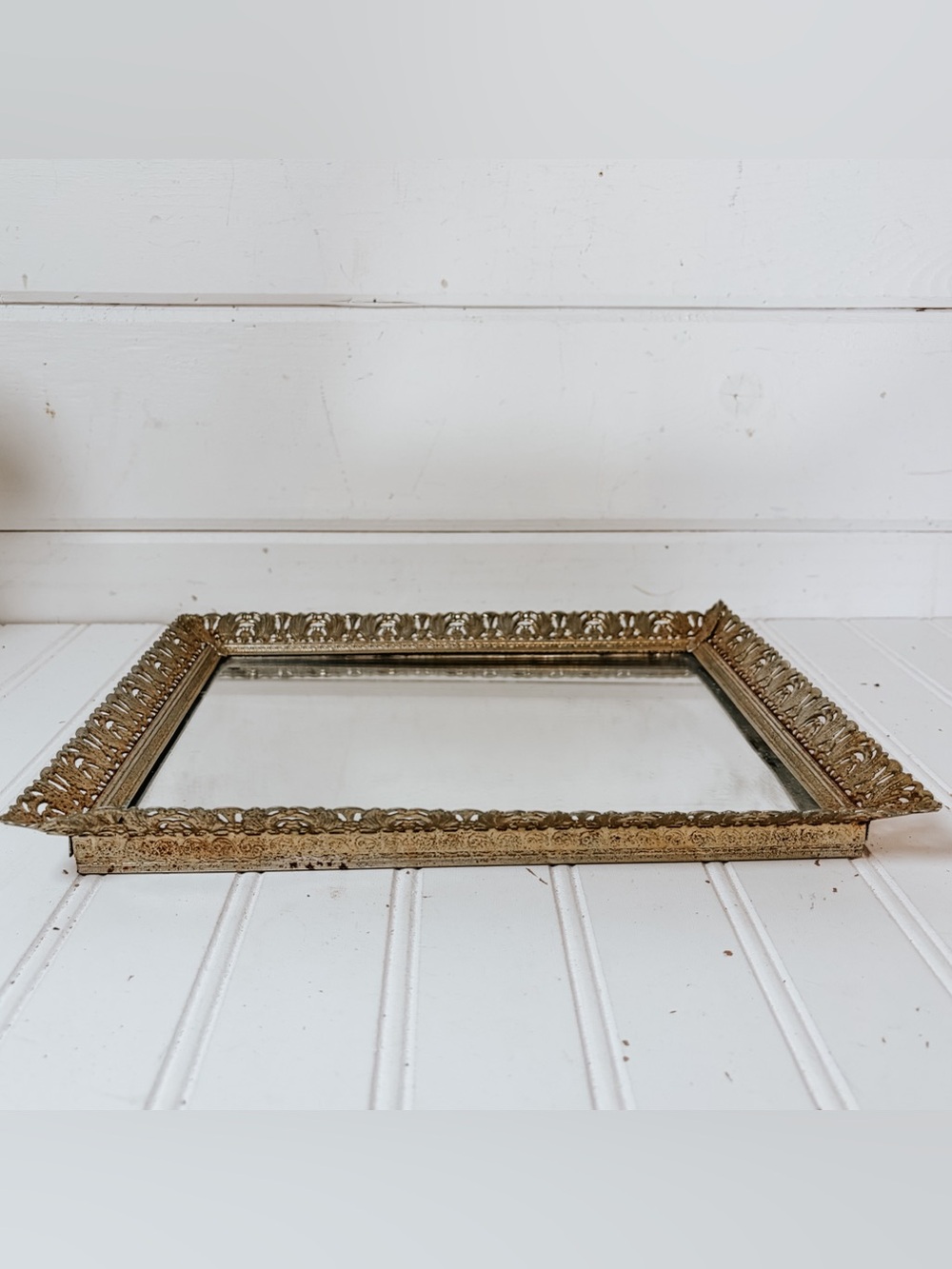 Vintage Gold Filigree Mirrored Vanity Tray | Antique Vanity Decor